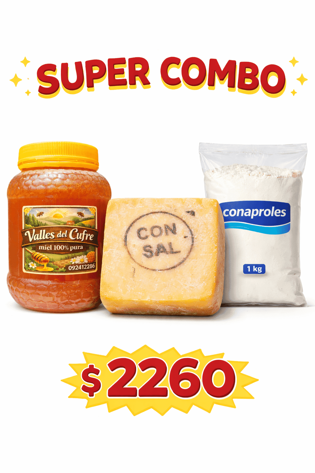 5 kg leche en polvo conaprole , 2 kg queso magro , 2 kg miel